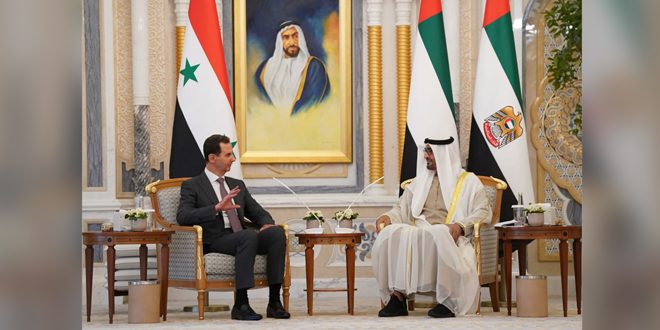 الرئيس الأسد والشيخ محمد بن زايد يبحثان التطورات الإيجابية في المنطقة والتعاون الاقتصادي بين البلدين